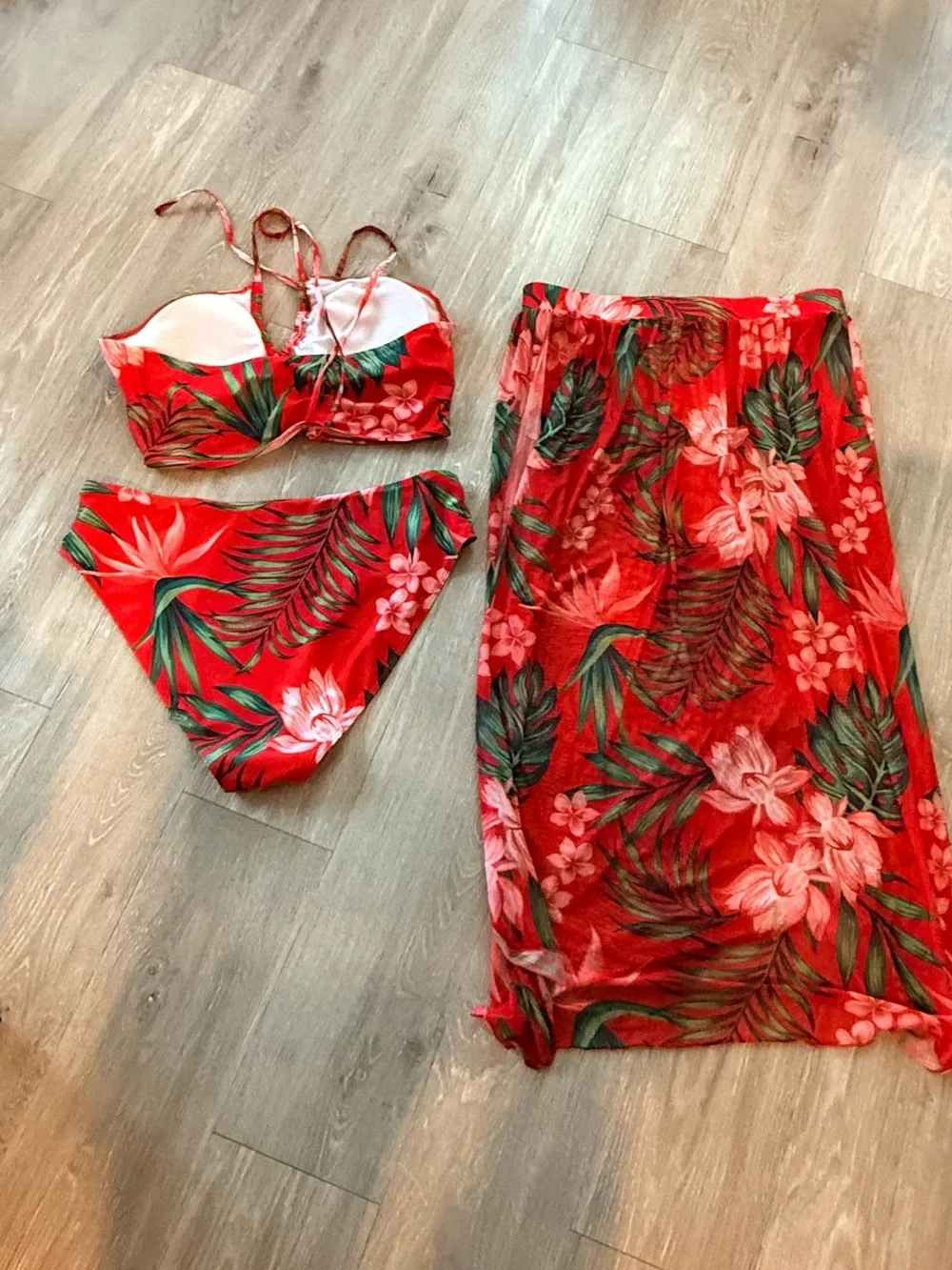 Red Floral Bikini Set with Matching Sarong